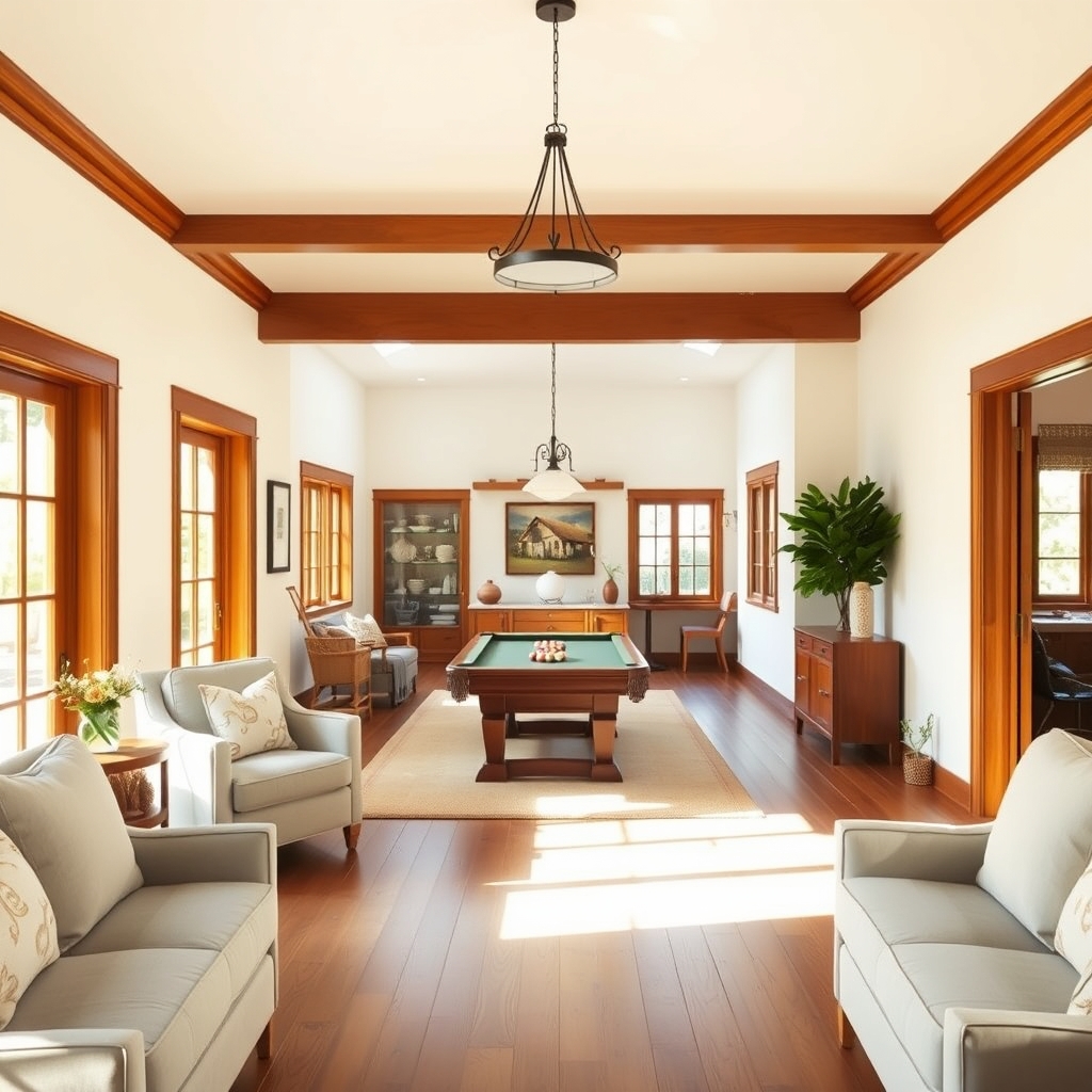 Bright craftsman family home with open living spaces and a pool table in the den