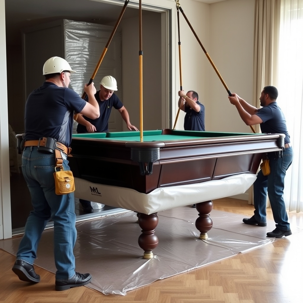 Professional pool table being carefully moved with protective padding and equipment