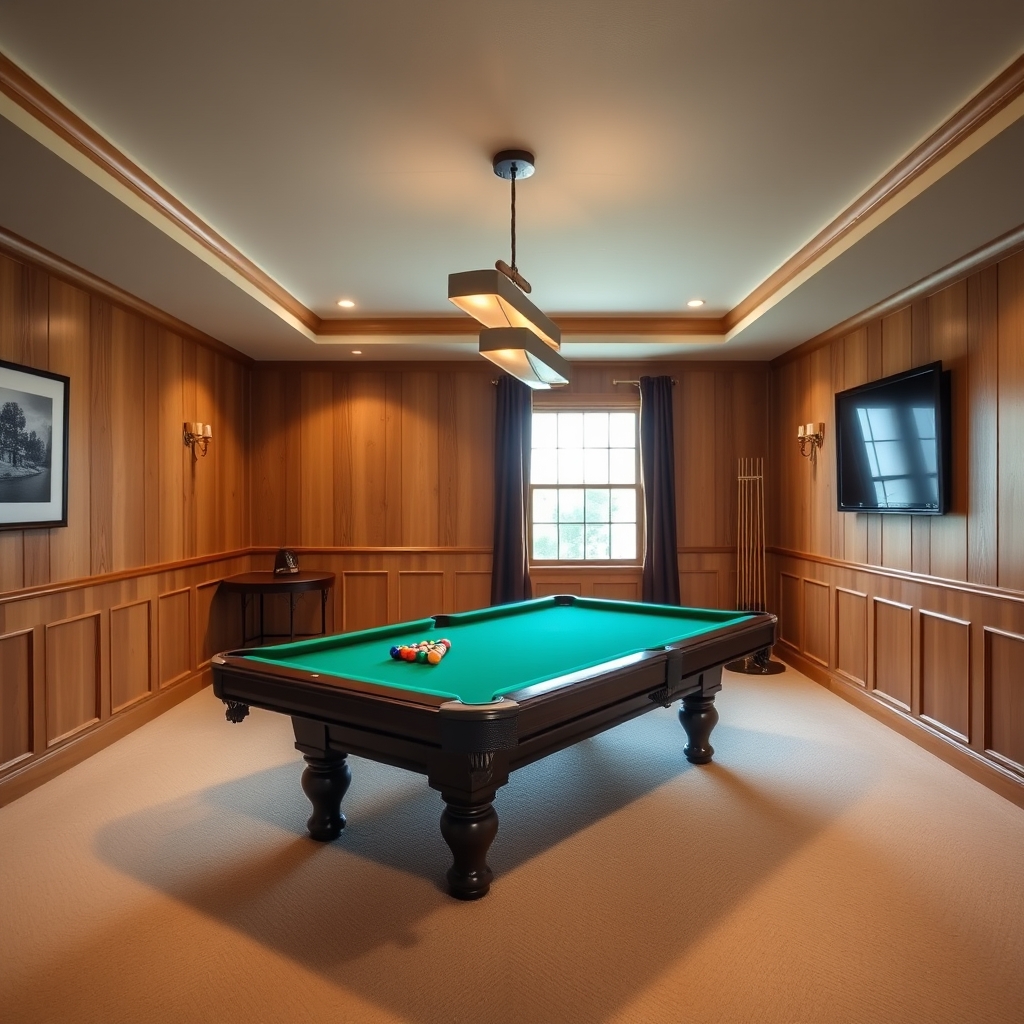 Professional pool table with fresh green felt in a warm-lit game room